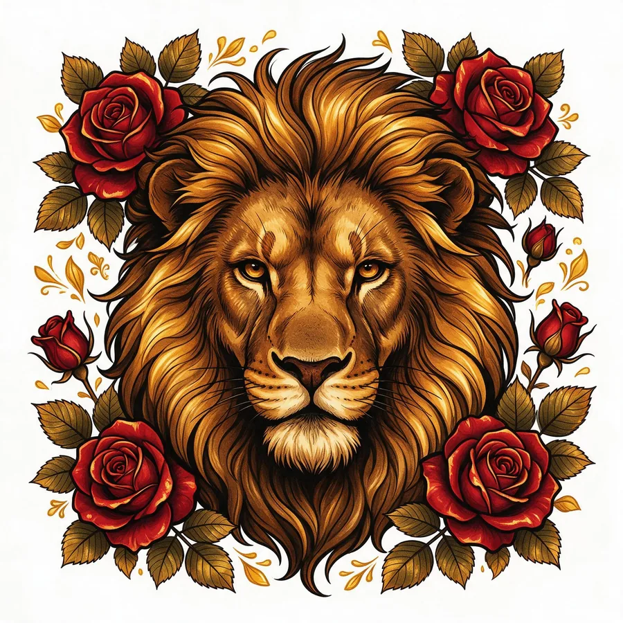 Tatuaje de león neotradicional con rosas, color cálido