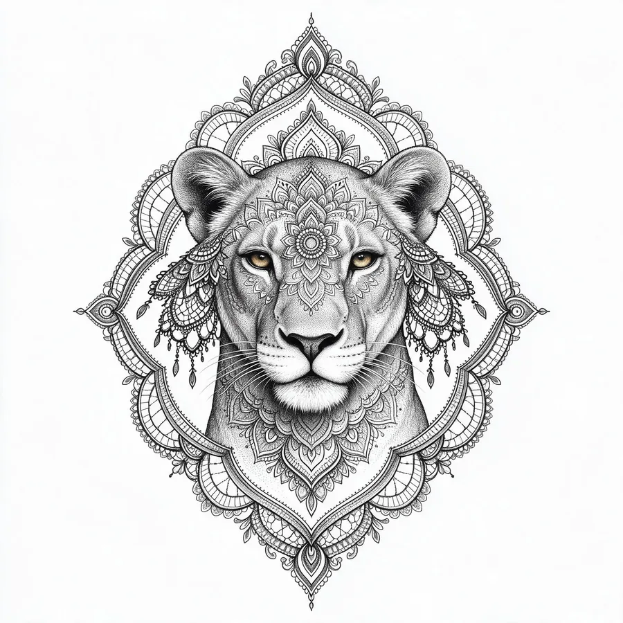 Tatuaje de leona ornamental con mandala en el muslo