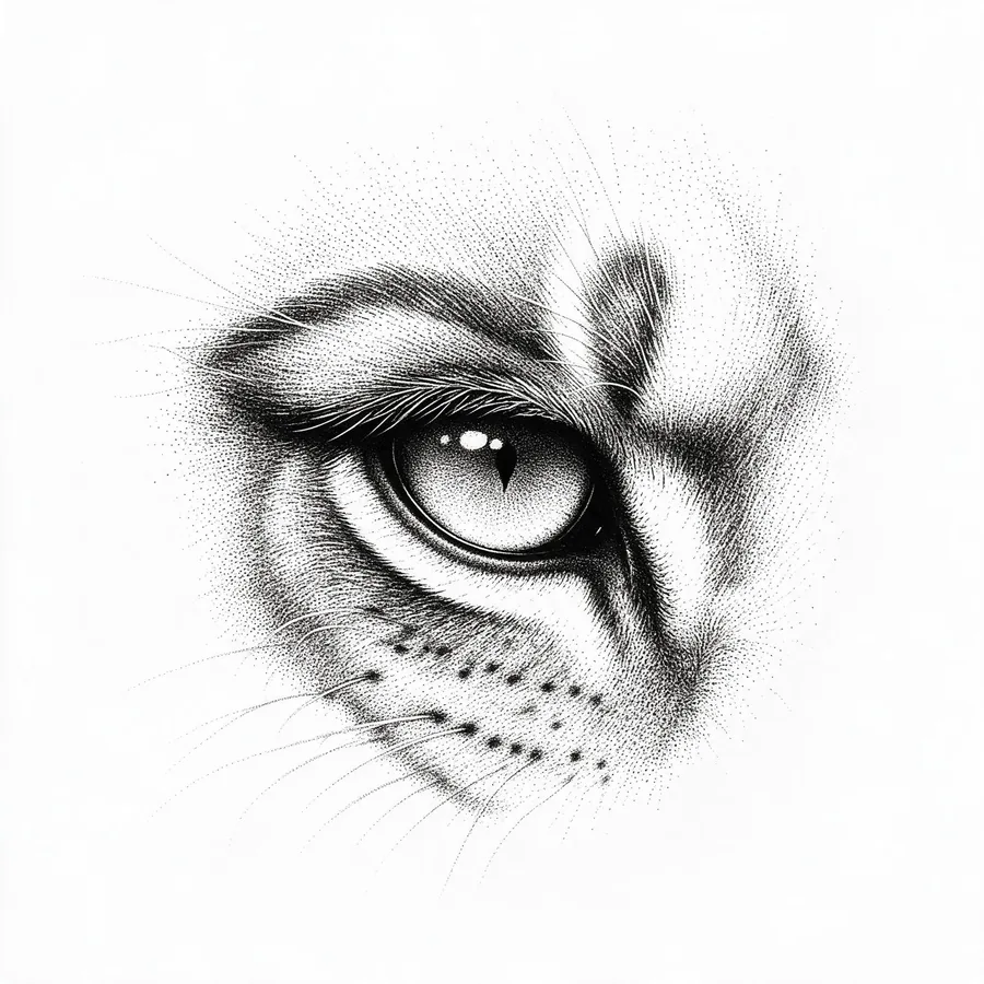 Tatuaje de ojo de león en dotwork sobre la espinilla