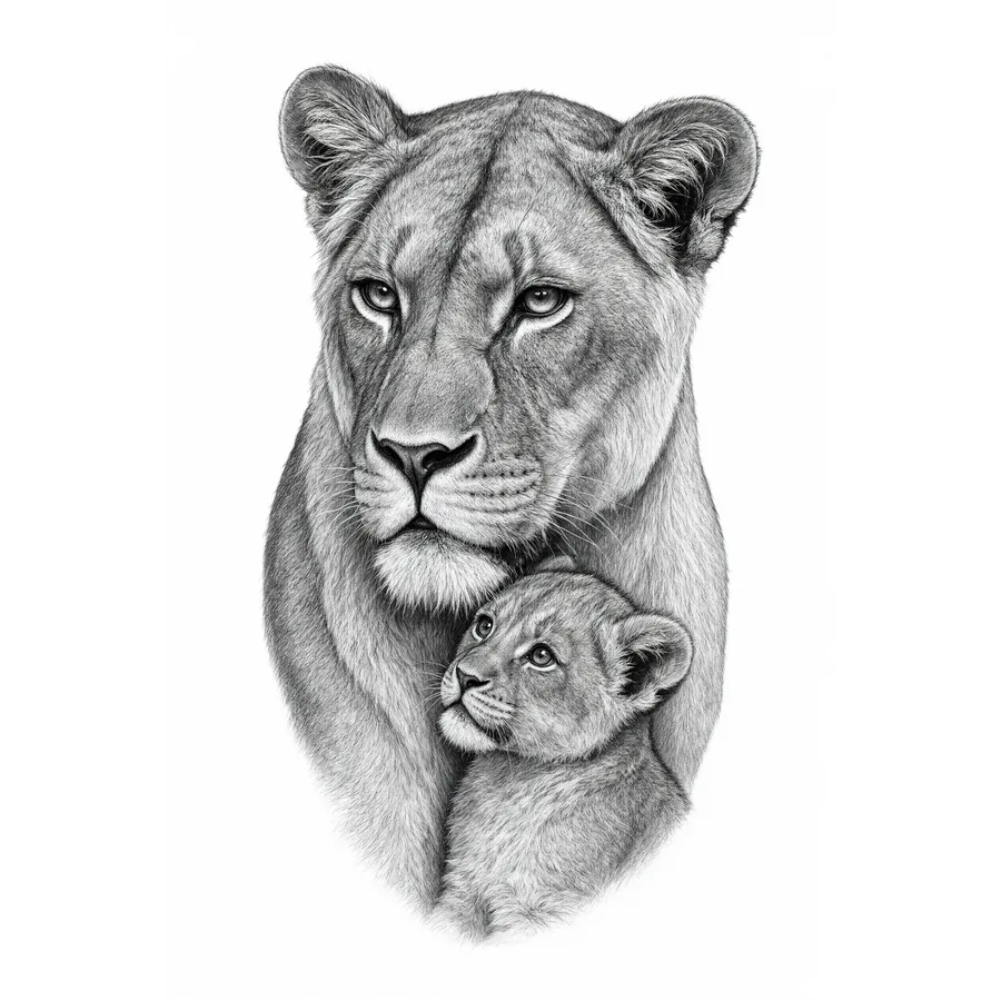 Tatuaje de leona con cachorros en el muslo, tema maternal