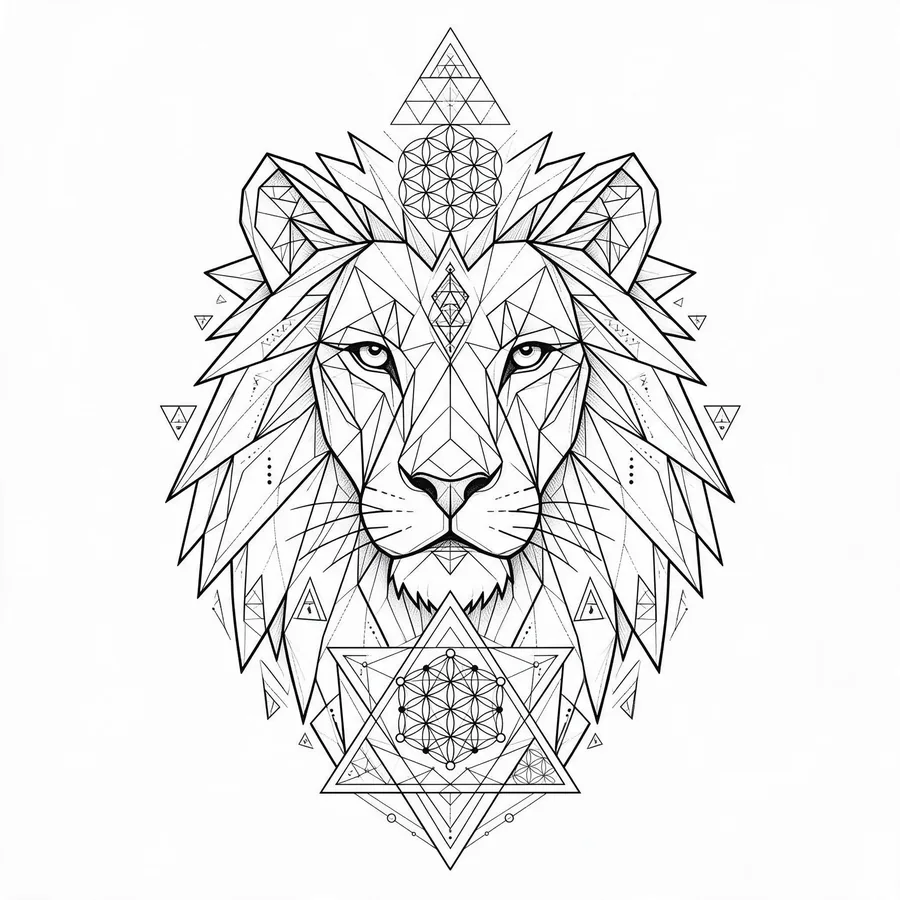 Tatuaje geométrico de león con polígonos en el muslo