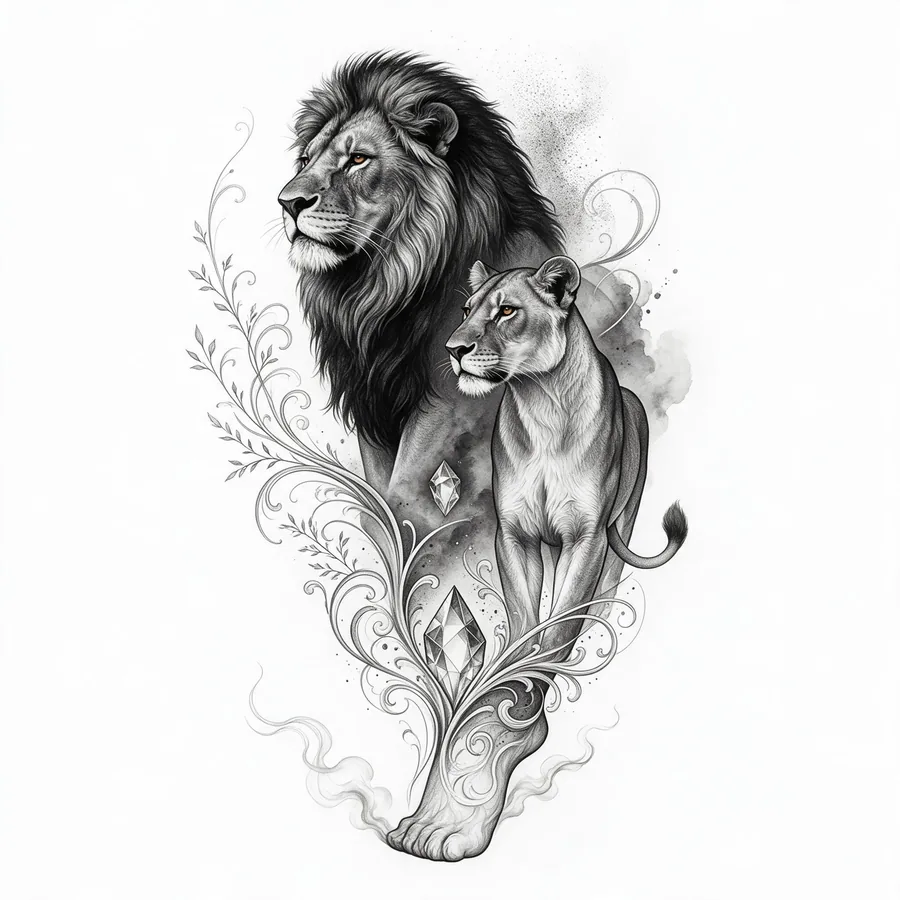 Composición grande de león y leona para pierna completa