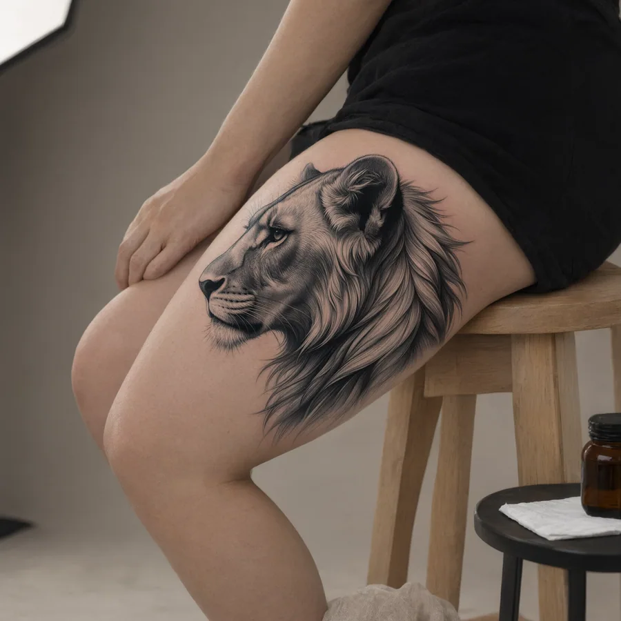 León estilo realismo, tatuado en el muslo