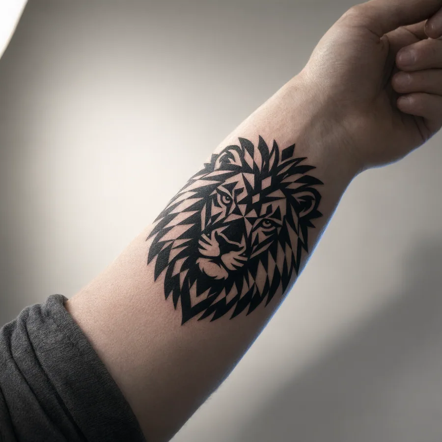 León estilo blackwork, en el antebrazo