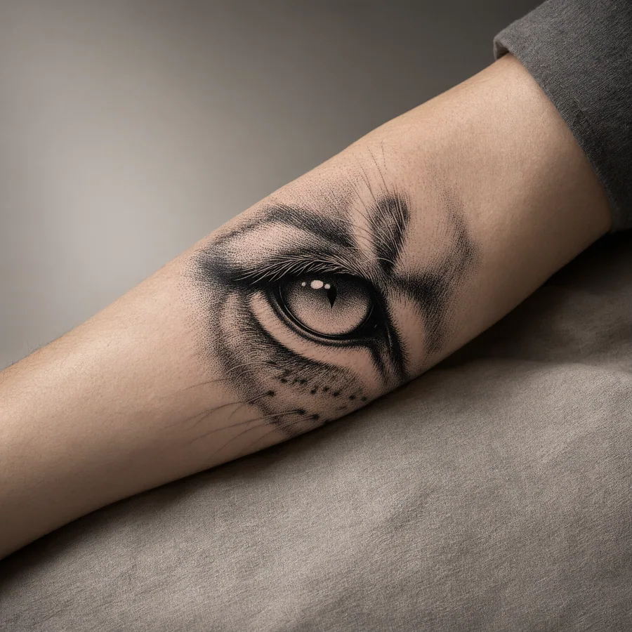 León estilo dotwork, en el antebrazo