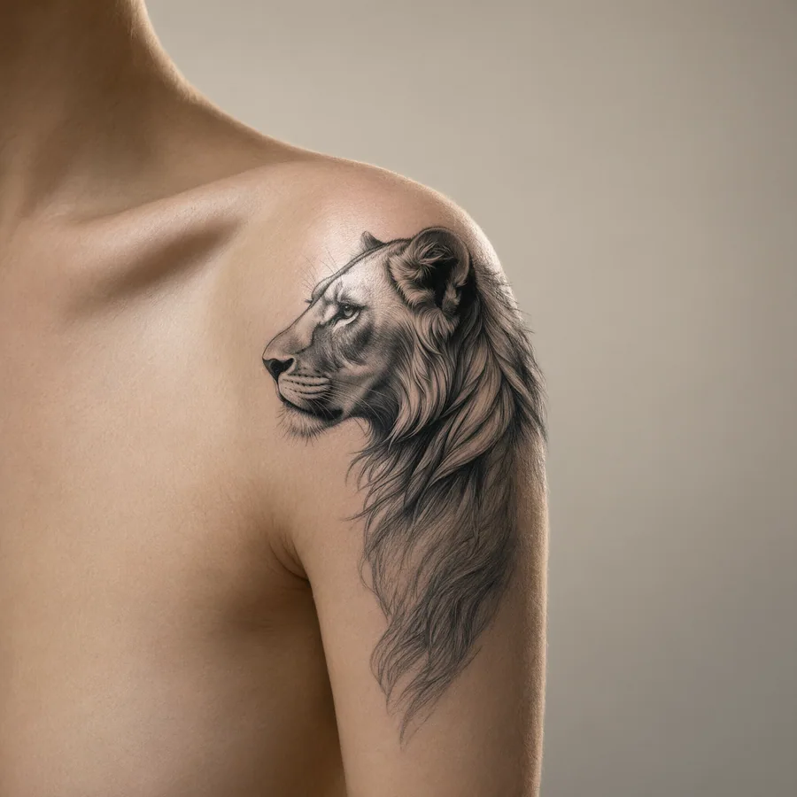 El tatuaje de león en el brazo, visto a escala real