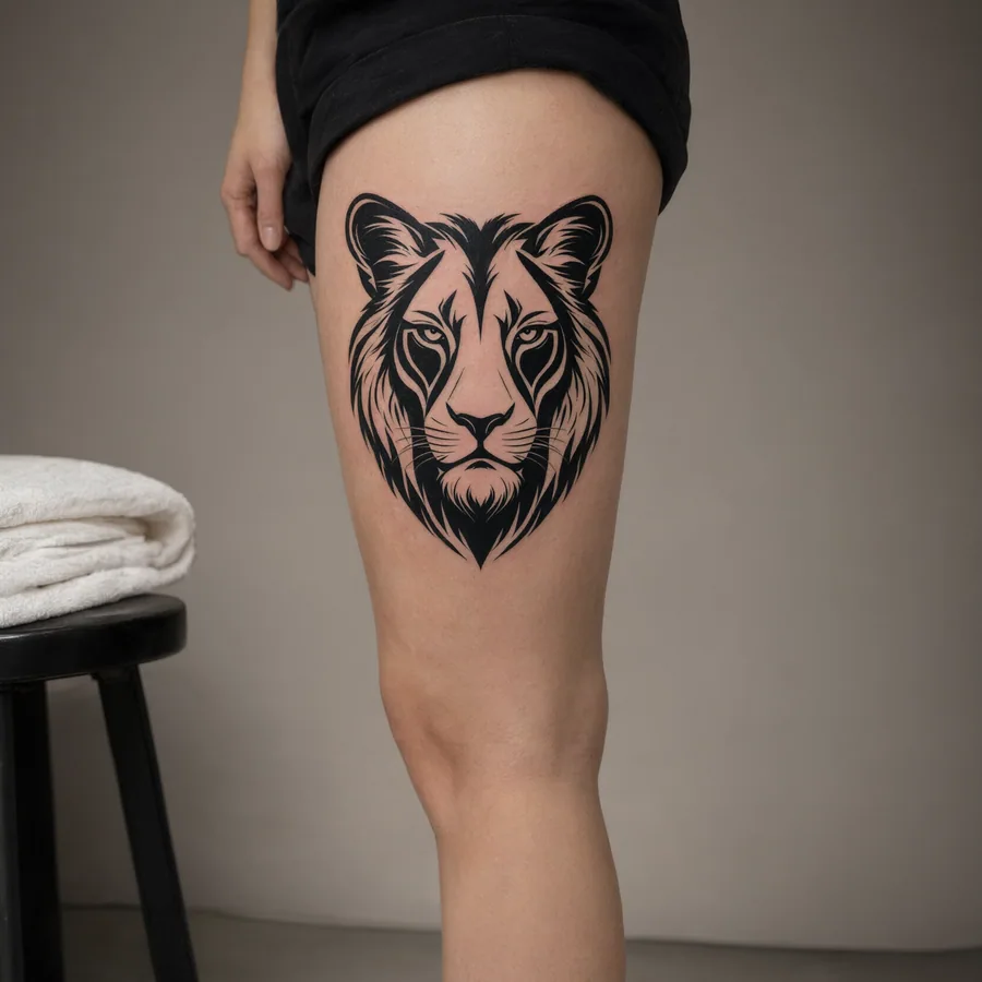 Leona estilo Blackwork, en la piel