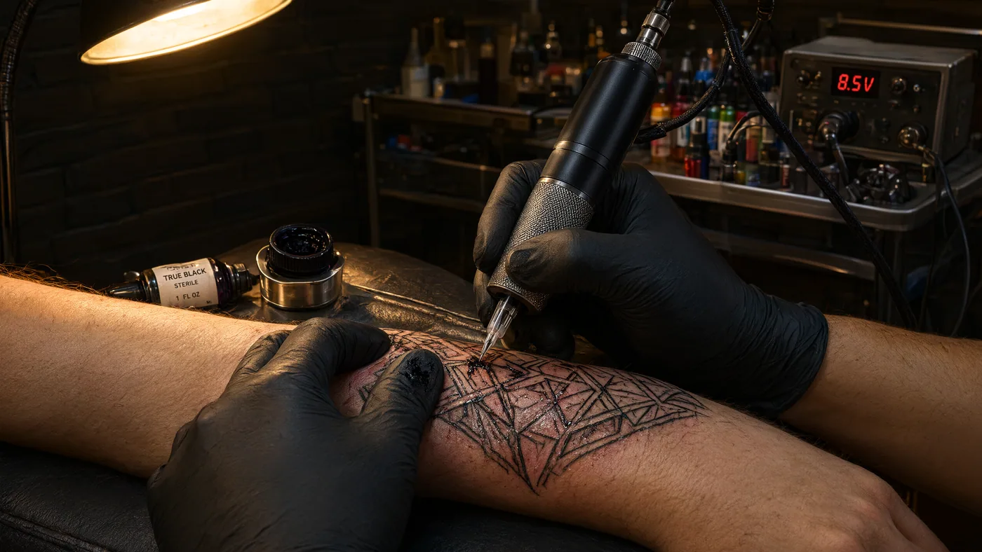 Tatuador trabajando con la máquina en el estudio, luz cálida