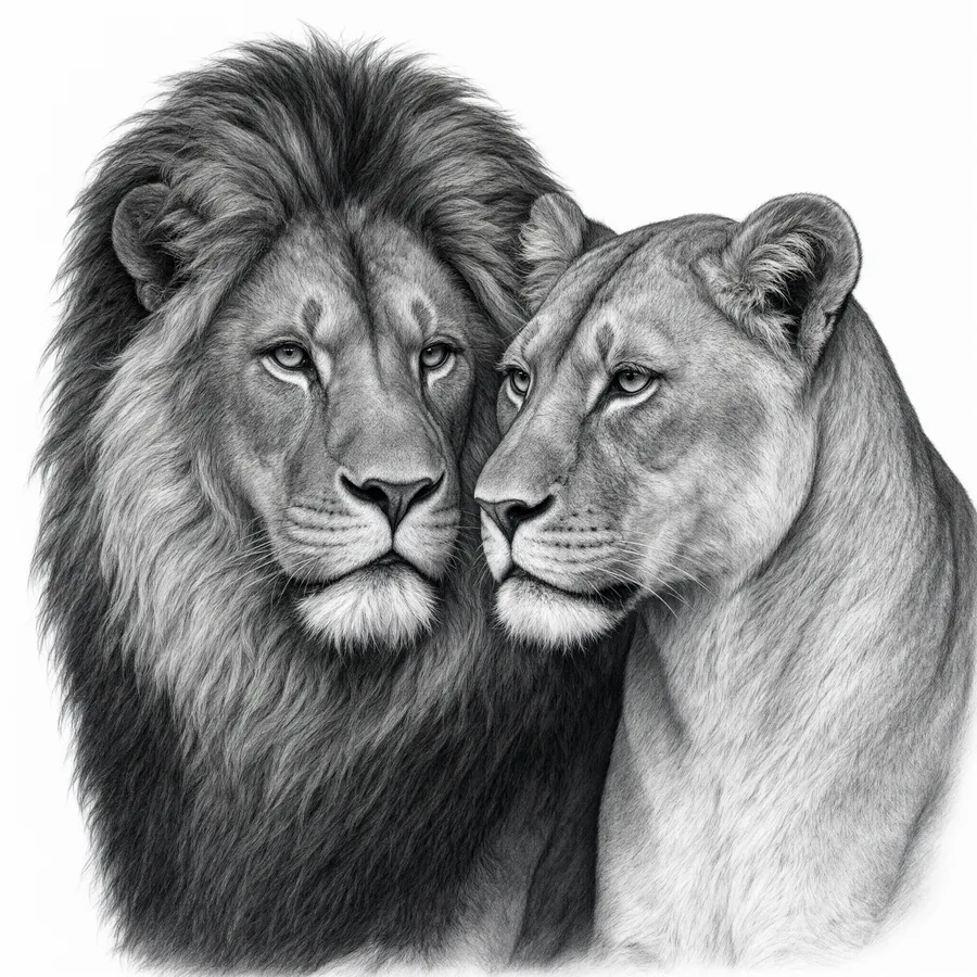 Tatuaje de león y leona juntos, pareja en la pierna