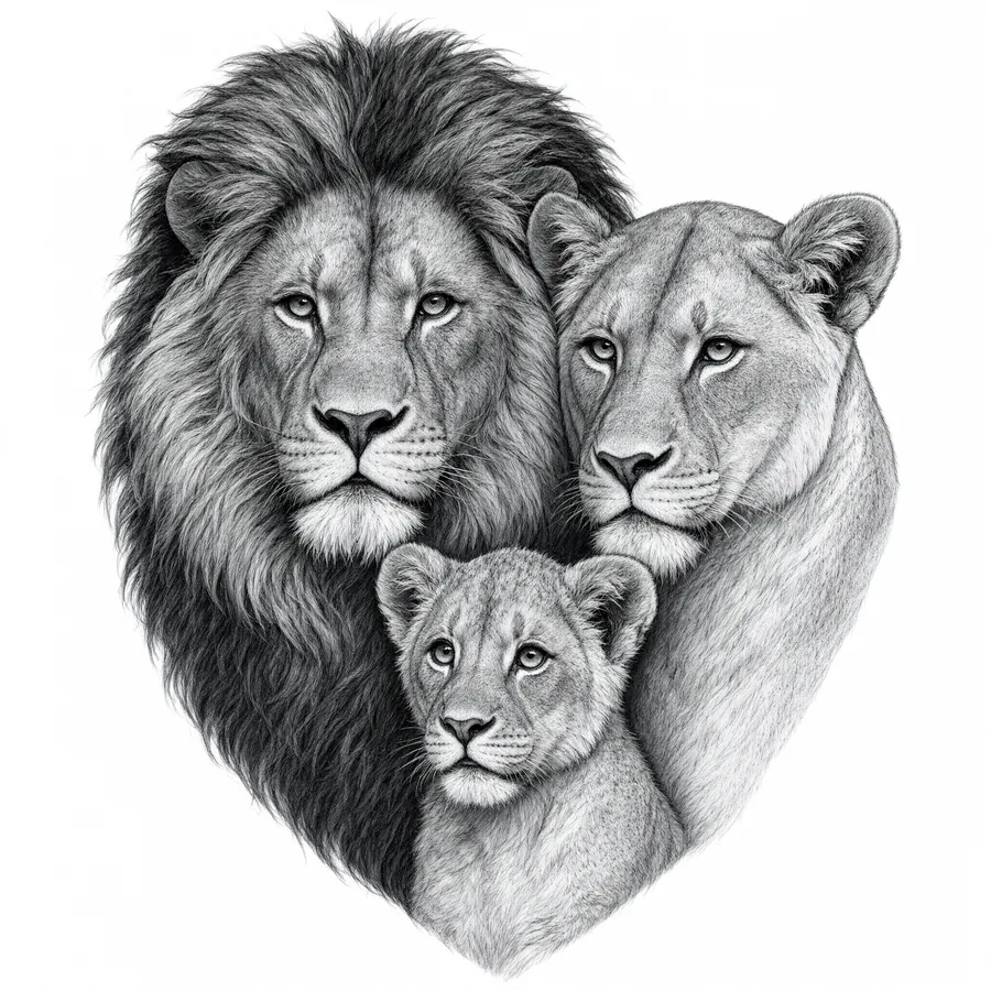 Tatuaje de familia de leones con cachorros en la pierna