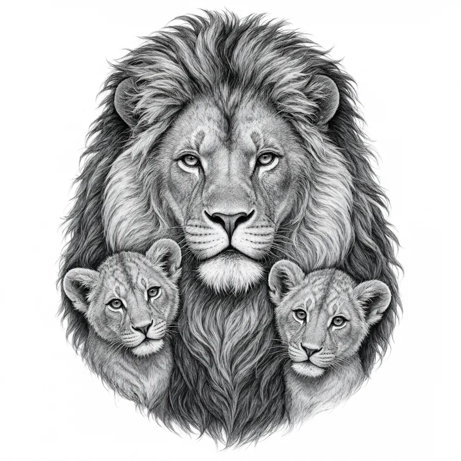 Tatuaje de león padre con cachorros jugando