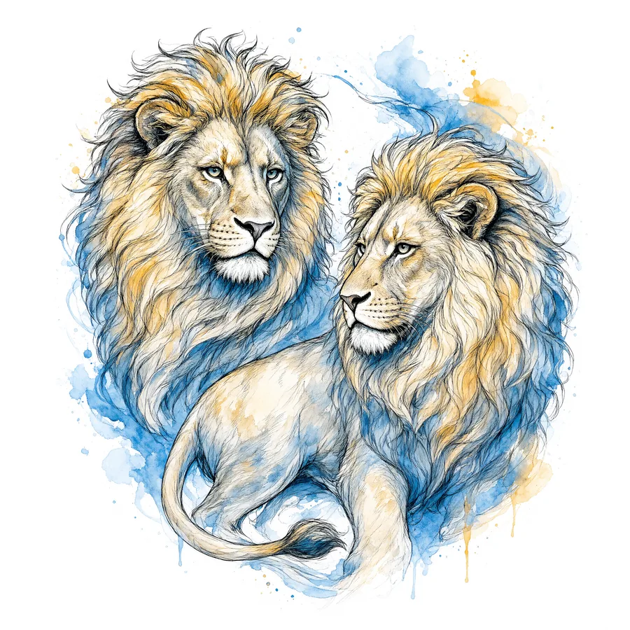 Tatuaje de dos leones en acuarela azul y ámbar