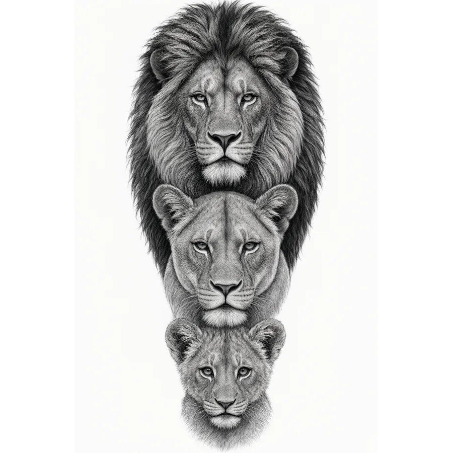 Tatuaje de familia de leones en composición vertical, tres miradas