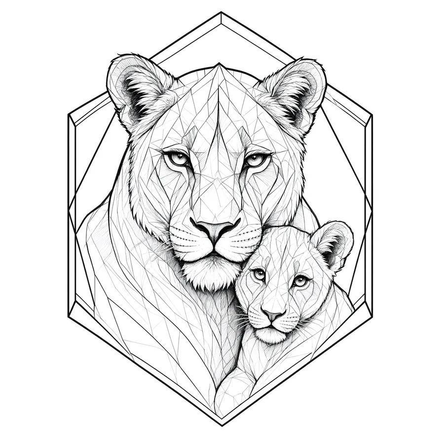 Tatuaje de leona y cría dentro de marco geométrico