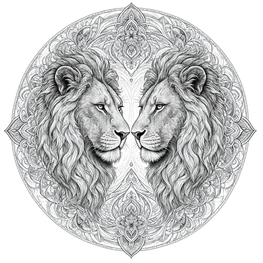 Tatuaje de dos leones espejados en mandala circular