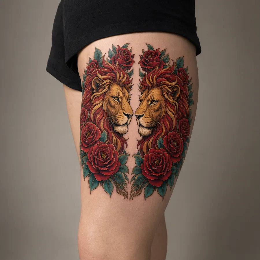 Leones estilo Neotradicional, en la piel